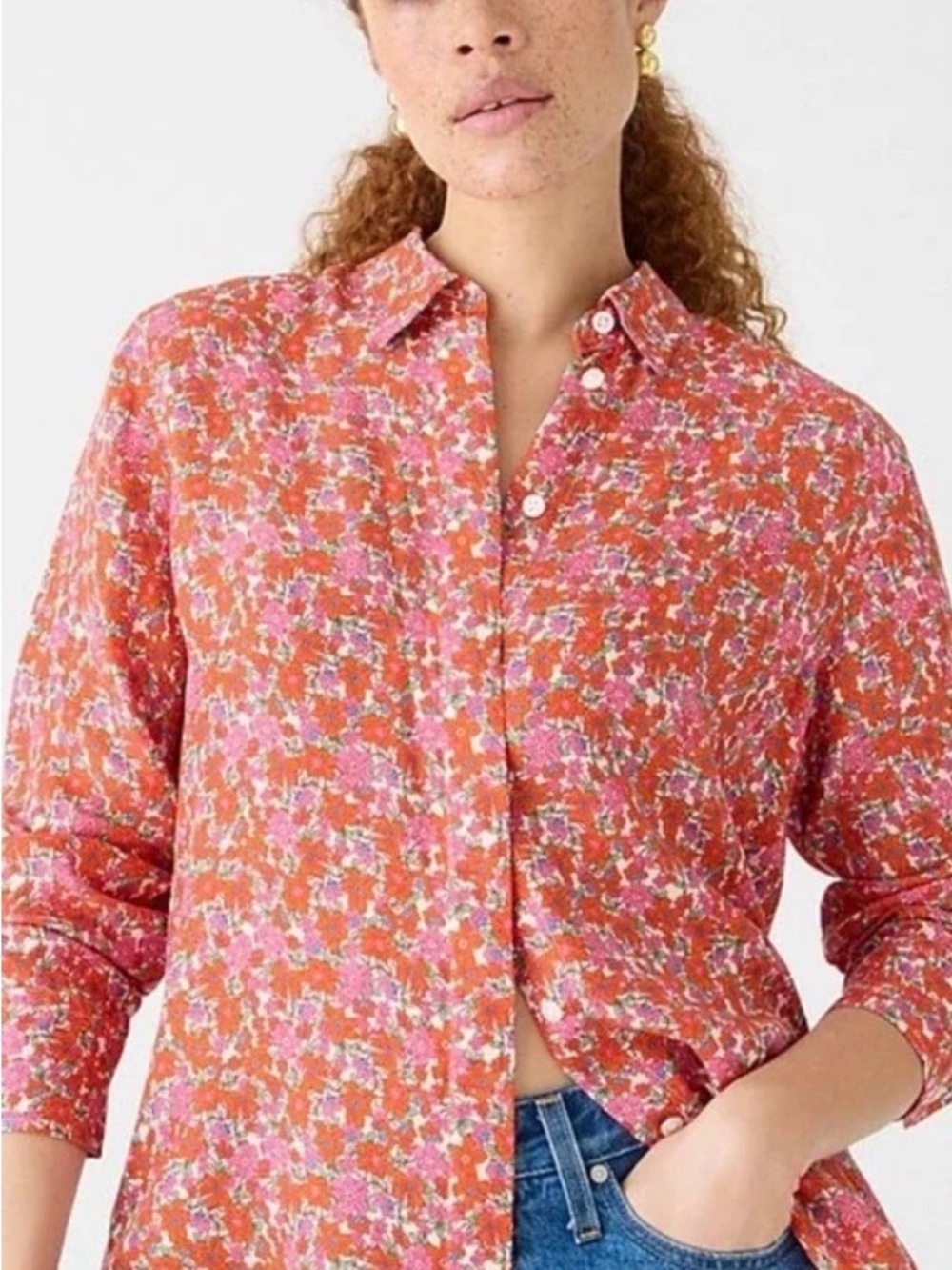 J. Crew Pink and Orange Floral Cupro Button-Down Shirt